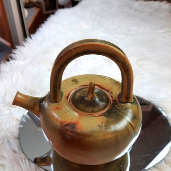 R. Hankia Vintage Rare  Porcelain Green  Orange‎ Tea Pot Signed 18R x10.5 T - Picture 8 of 13